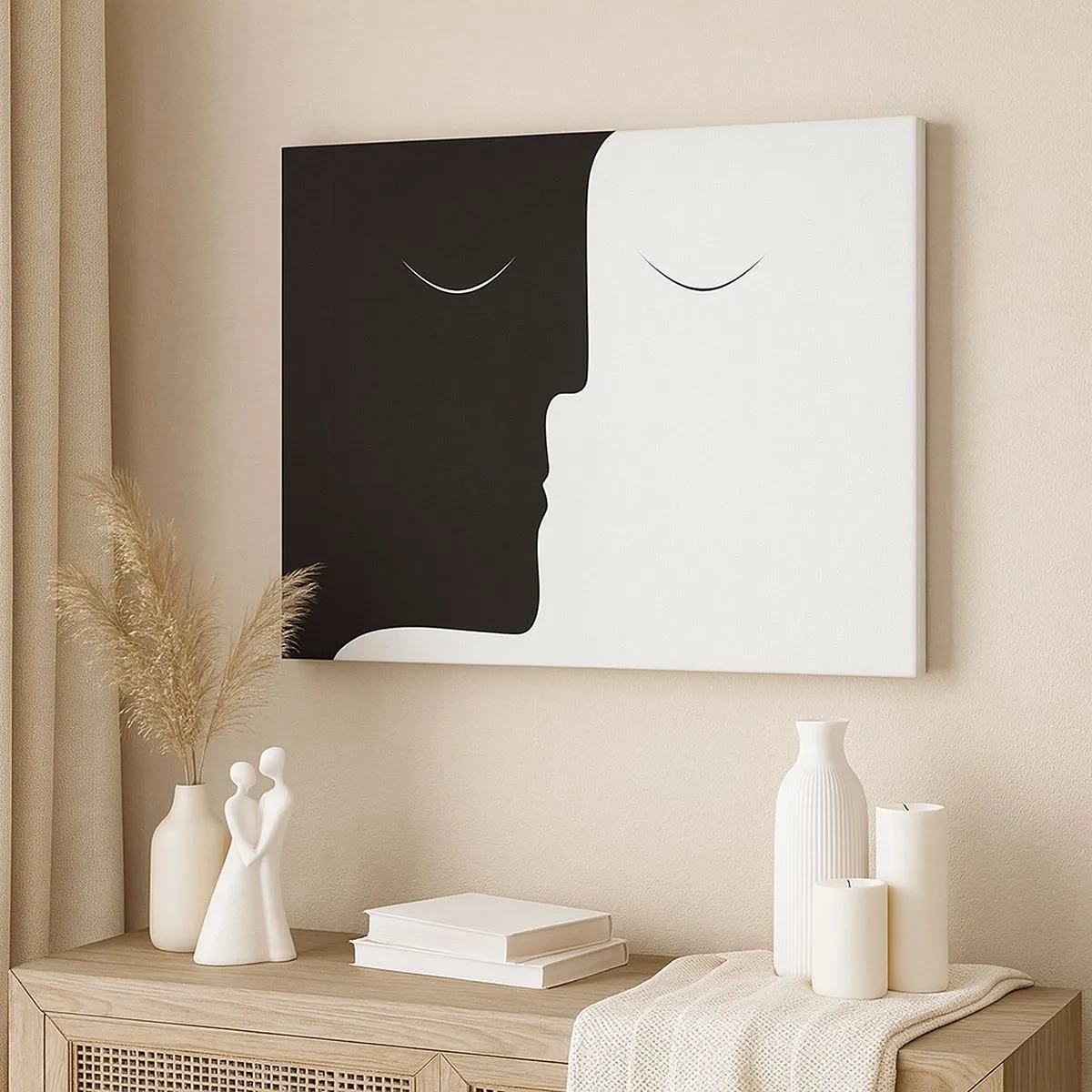 Vászonkép - Két arc minimalista sziluettje kontrasztos színekben. - 70x50cm - Az ellentétek egysége - Modern fali dekoráció nappalihoz és hálószobához ARTTOR