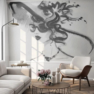 Fotótapéta Premium Sand - Karakteres hölgy - Nő Kalapban, Női Arc, Fekete és fehér - 100x70 cm