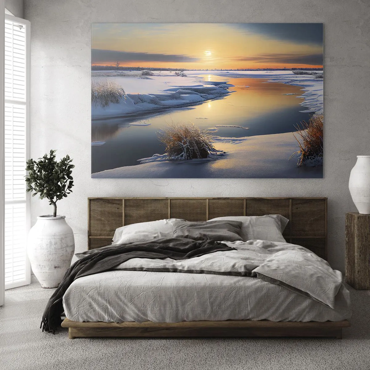 Üveg kép - Téli táj naplementével egy befagyott folyó felett - 70x50cm - Téli naplemente - Modern fali dekoráció nappalihoz és hálószobához ARTTOR