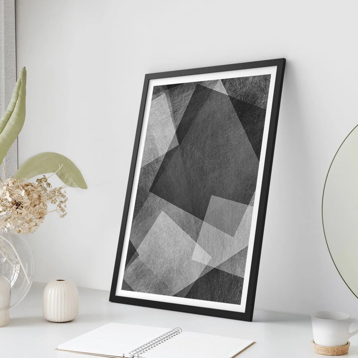 Poszter fehér keretben - Fekete-fehér absztrakció geometriai alakzatokkal - 50x70cm - A tartósság és a rend örök szimbóluma - Modern fali dekoráció nappalihoz és hálószobához ARTTOR