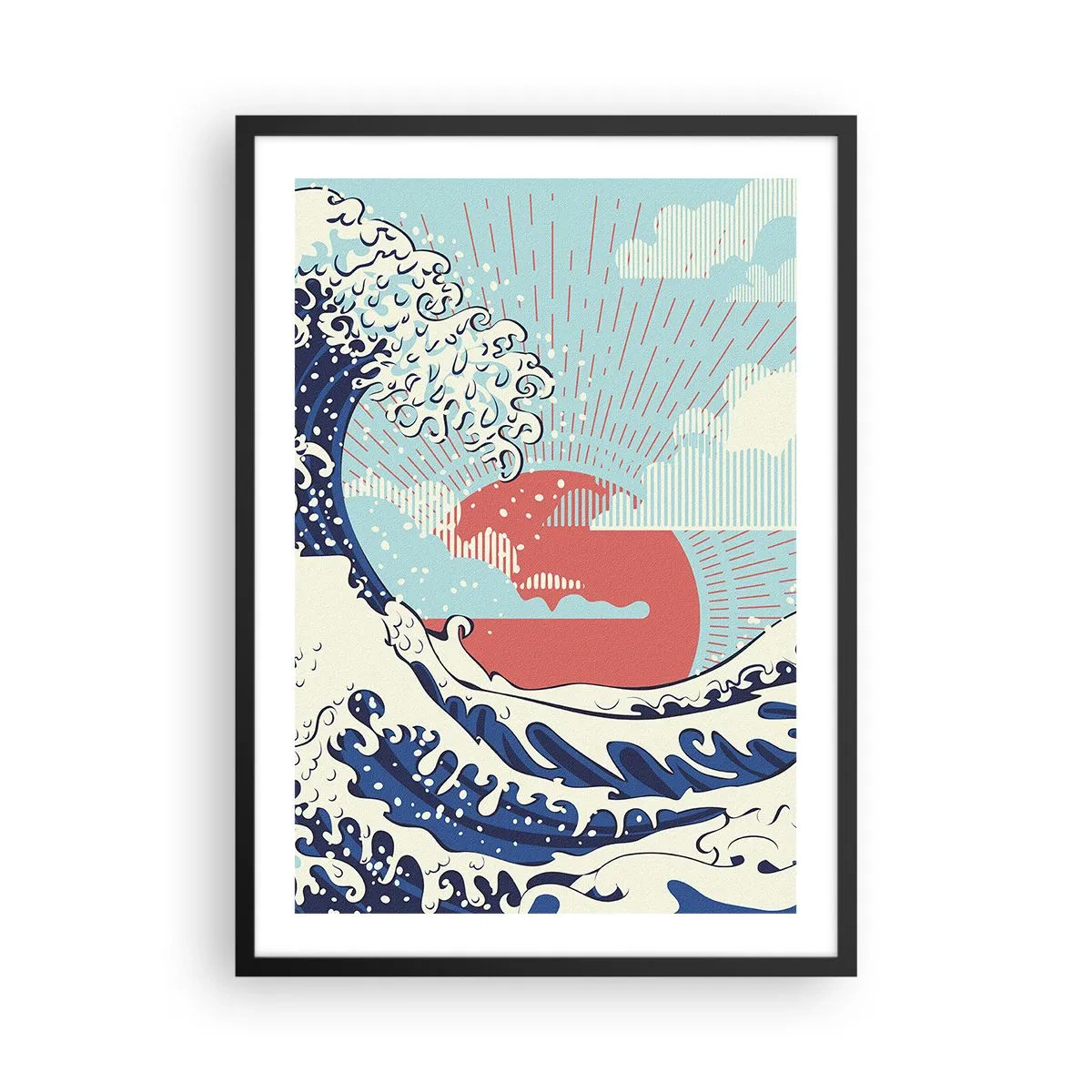 Poszter fehér keretben - Japán ihletésű grafikus hullám vörös nappal - 50x70cm - Japán inspirációból - Modern fali dekoráció nappalihoz és hálószobához ARTTOR