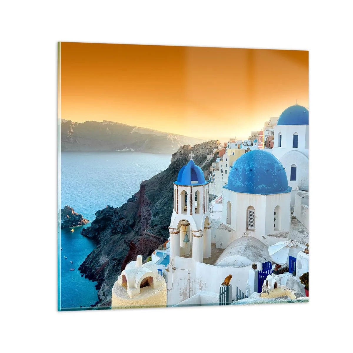 Üveg kép - Santorini – rásimulva a sziklákra - 40x40 cm