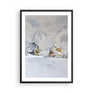 Poszter fehér keretben - Téli táj egy házikóval és egy szénakazallal a hegyekben - 50x70cm - Egy havas völgyben - Modern fali dekoráció nappalihoz és hálószobához ARTTOR