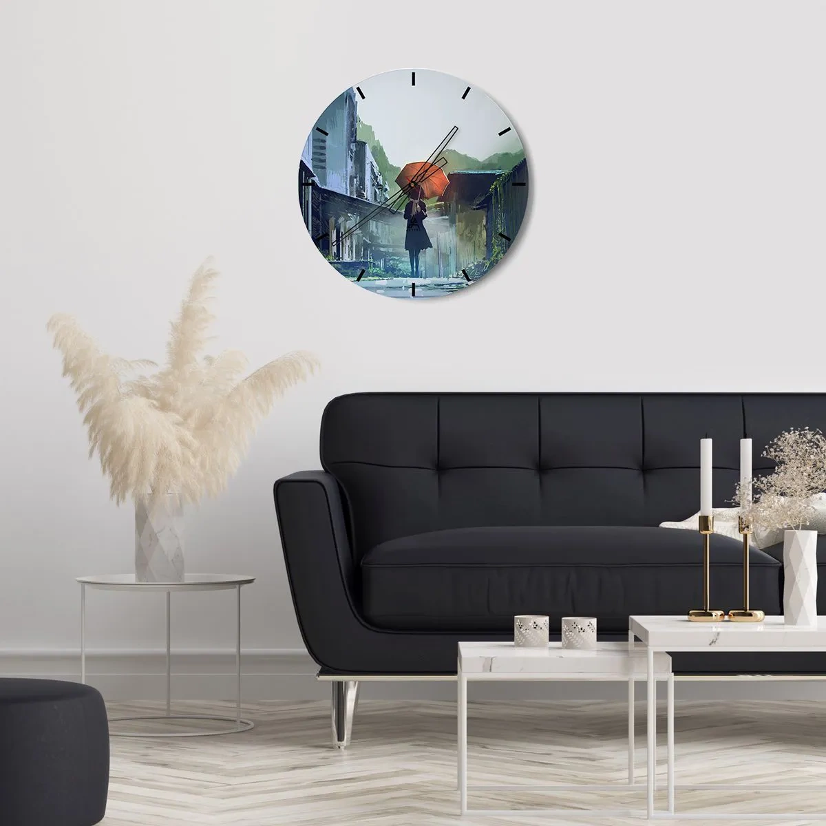 Falióra, Óra - Egy alak esernyővel egy esős utcán - 30x30cm - Éltető eső - Modern fali dekoráció nappalihoz, konyhához és hálószobához ARTTOR