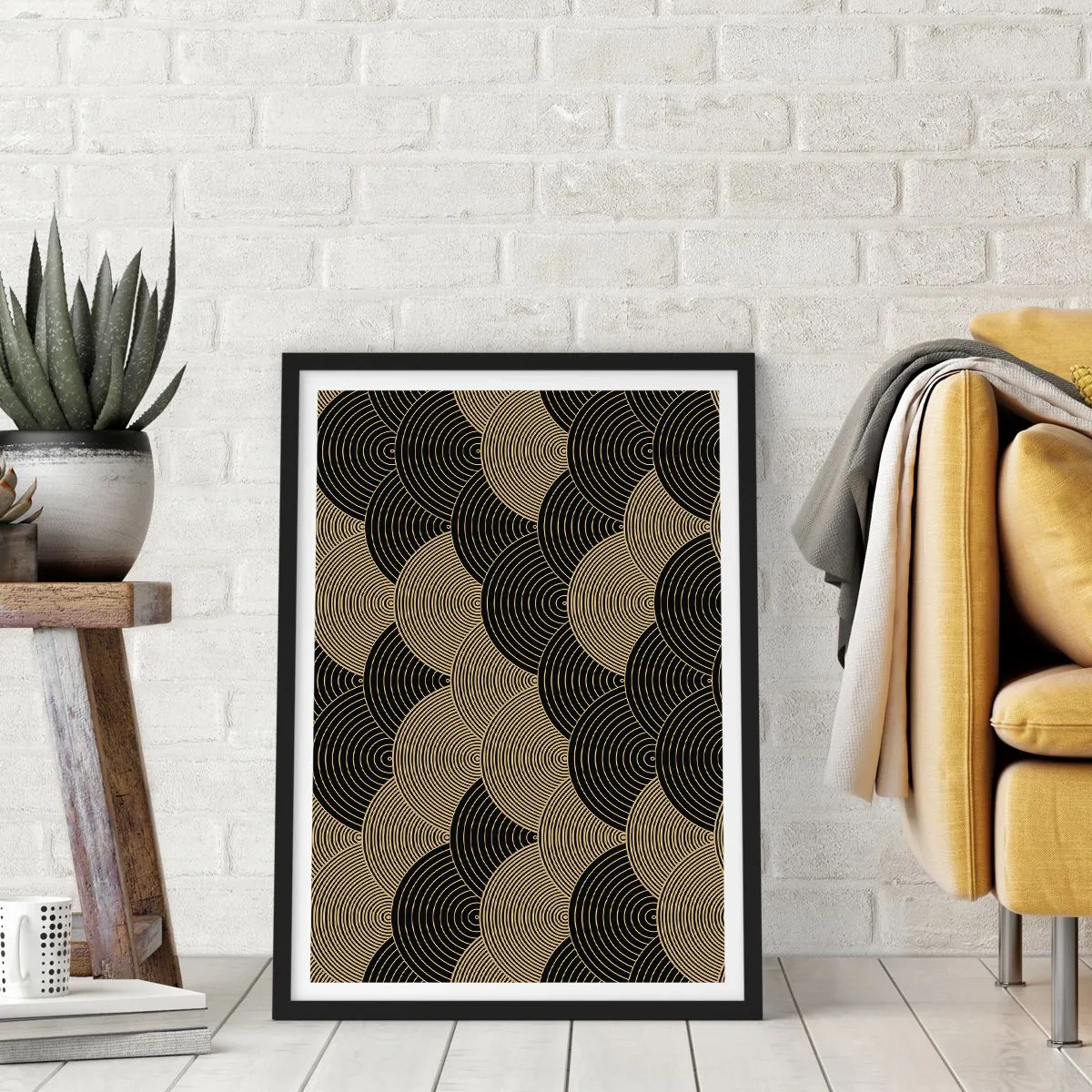 Poszter fehér keretben - Absztrakt minta fekete és arany körökben - 50x70cm - Egység a sokféleségben - Modern fali dekoráció nappalihoz és hálószobához ARTTOR