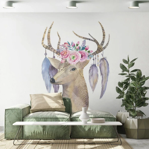 Fotótapéta Standard Eco - Bohém stílusú szarvas virágokkal és tollakkal az agancsán - 100x70cm - Lélekvezető – szelíd, ártatlan - Modern fali dekoráció nappalihoz és hálószobához ARTTOR