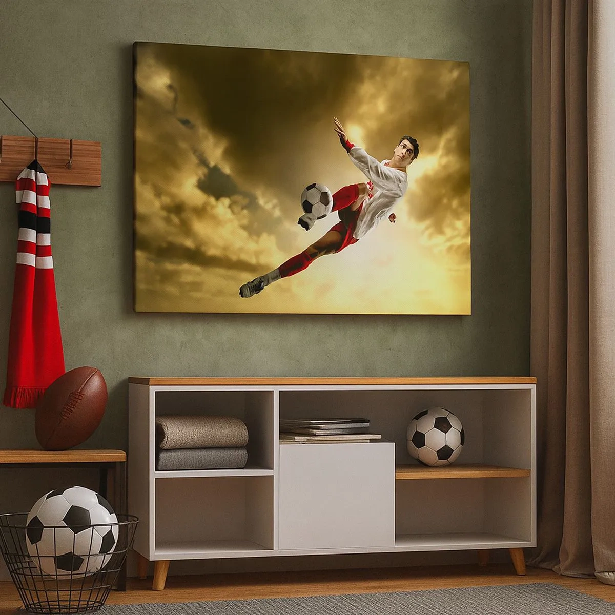 Vászonkép - Egy futballista dinamikus ugrásban rúgja a labdát az ég felé - 70x50cm - Futball Mennyország - Modern fali dekoráció nappalihoz és hálószobához ARTTOR