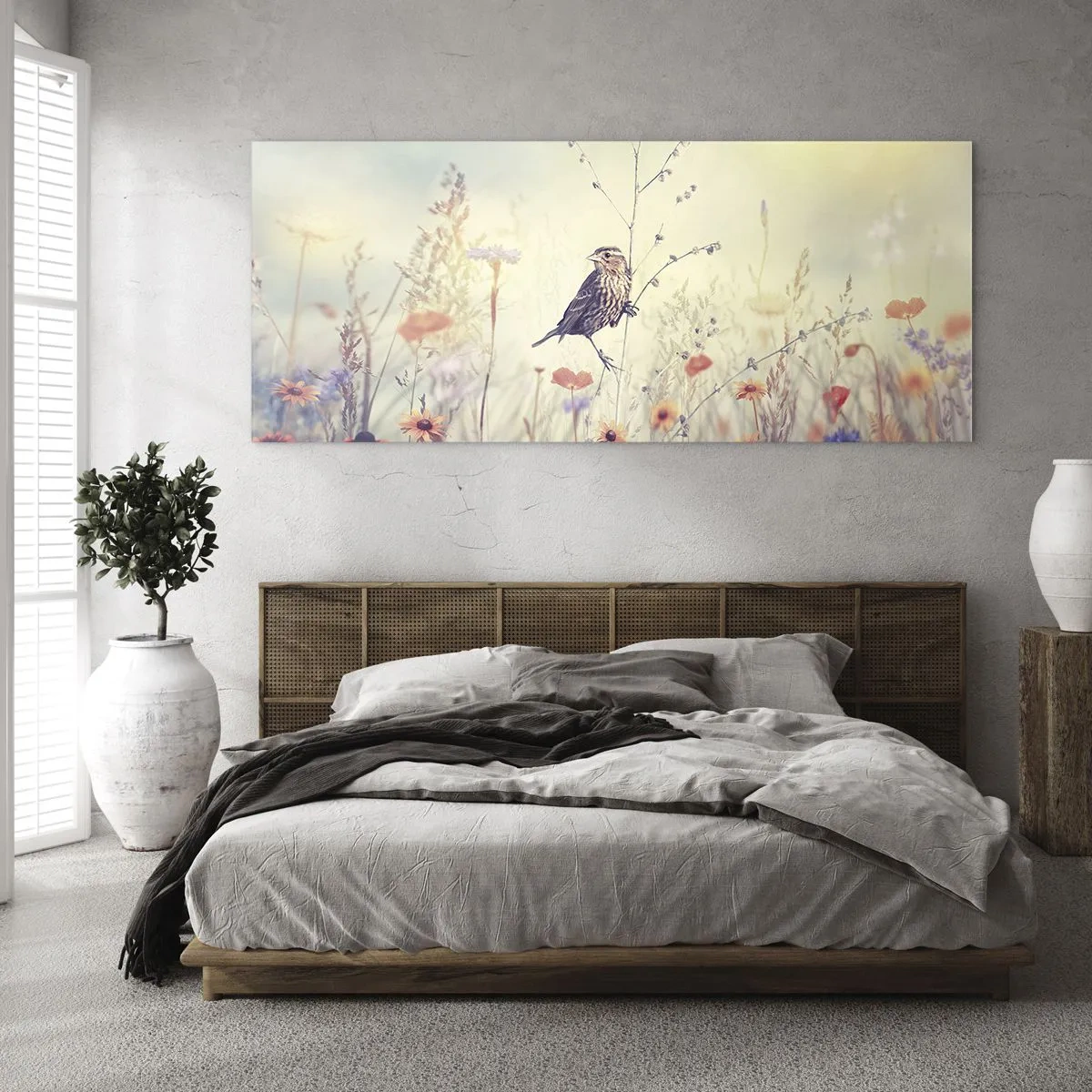 Üveg kép - Madárportré egy réttel a háttérben - 120x50 cm