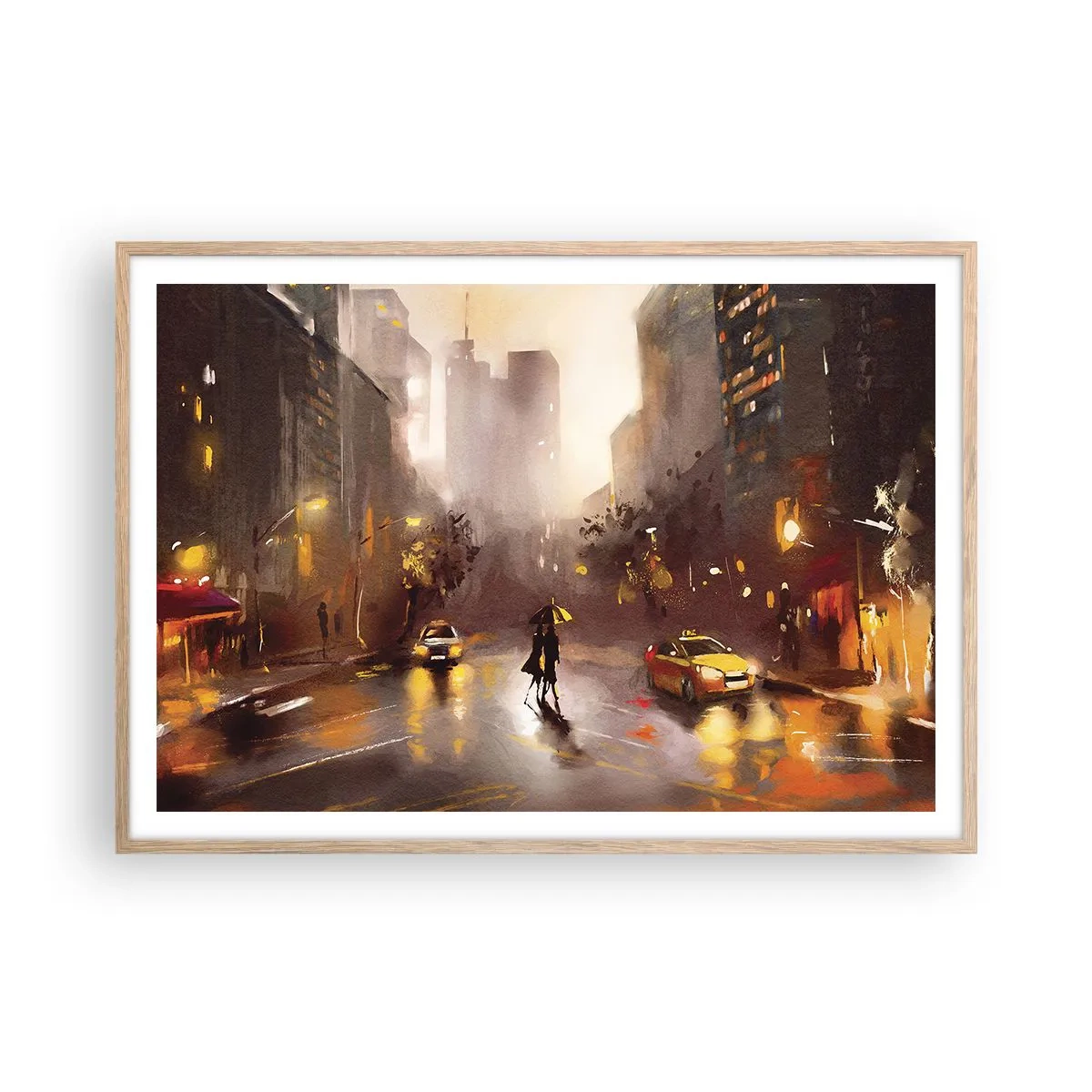 Poszter világos tölgy keretben - New York fényében - 100x70 cm