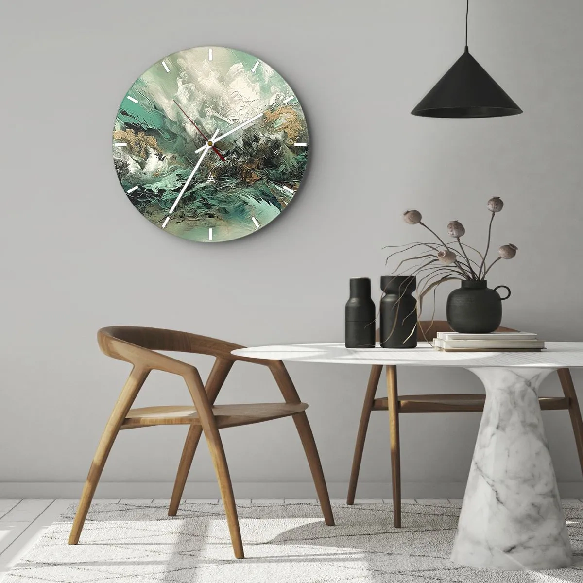 Falióra, Óra - Dinamikus absztrakció zöld, fehér és arany színben - 30x30cm - Smaragd-fekete kelés - Modern fali dekoráció nappalihoz, konyhához és hálószobához ARTTOR
