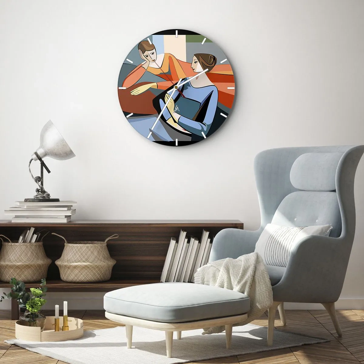 Falióra, Óra - Két nő geometrikus stílusban, színes háttérrel - 30x30cm - A bizalmak pillanata - Modern fali dekoráció nappalihoz, konyhához és hálószobához ARTTOR