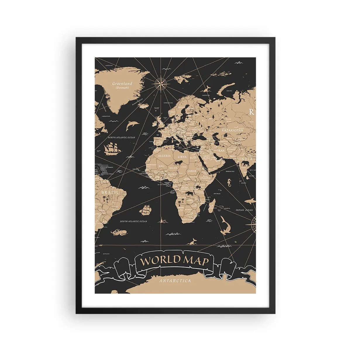 Poszter fehér keretben - Stilizált világtérkép vintage színekben - 50x70cm - A világom határai - Modern fali dekoráció nappalihoz és hálószobához ARTTOR