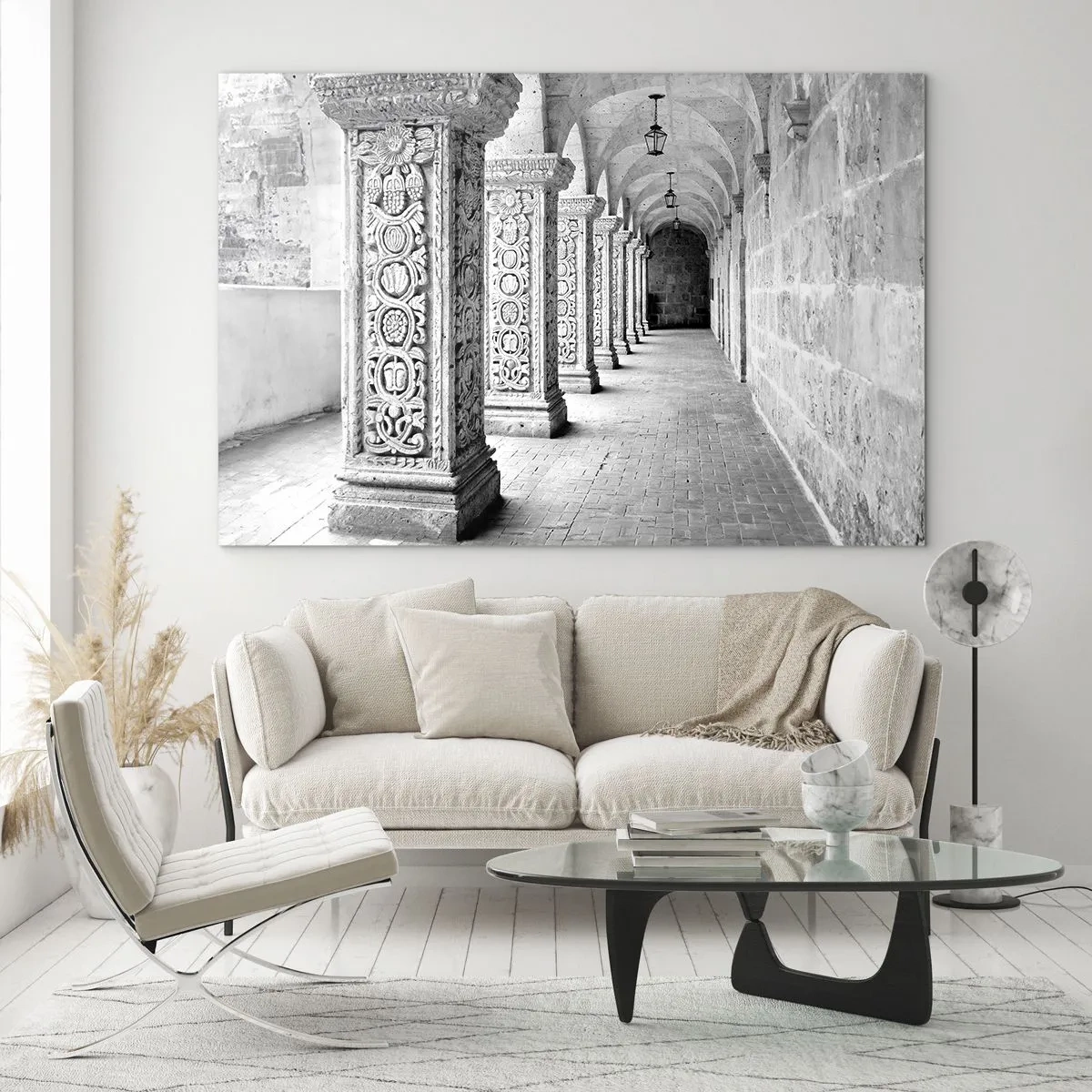 Üveg kép - Történelmi kerengő faragott oszlopokkal - 70x50cm - És hová megy...? - Modern fali dekoráció nappalihoz és hálószobához ARTTOR