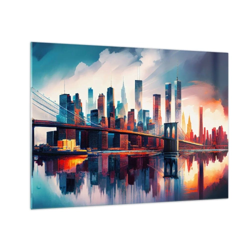 Üveg kép - Panoráma a városra egy híddal a színes égbolt és a víz tükröződése ellen - 70x50cm - Fenomenális New York - Modern fali dekoráció nappalihoz és hálószobához ARTTOR