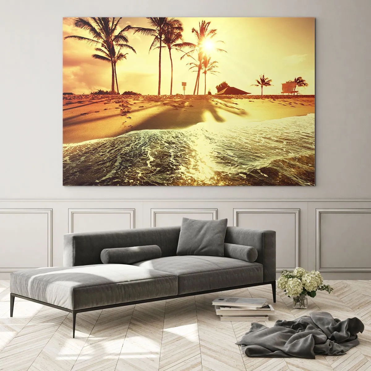 Üveg kép - Aranypart pálmafákkal naplementekor és nyugodt tengerrel - 70x50cm - Kaliforniai délután - Modern fali dekoráció nappalihoz és hálószobához ARTTOR