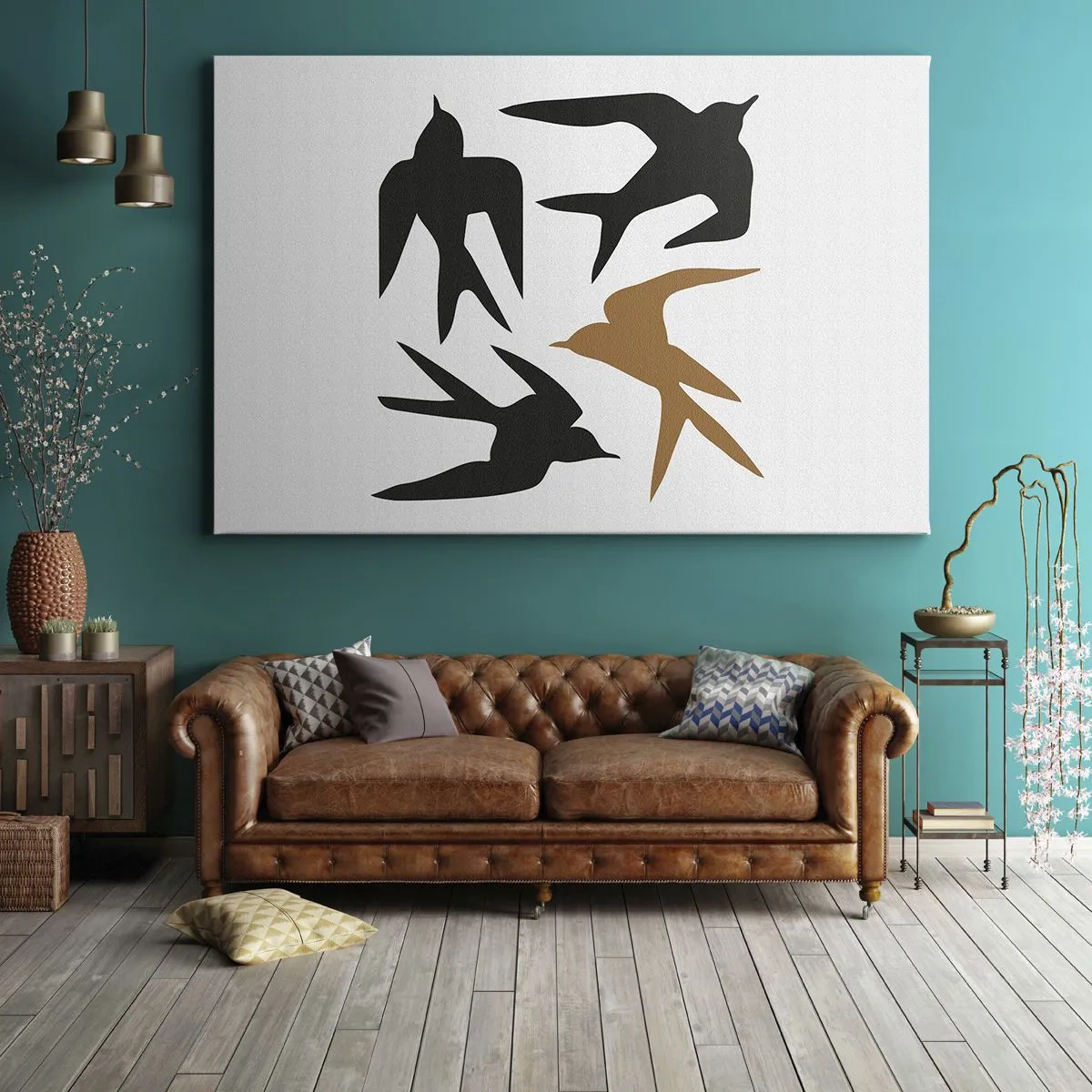 Vászonkép - Fecskék sziluettjei fekete és arany színben - 70x50cm - Fecske játékok - Modern fali dekoráció nappalihoz és hálószobához ARTTOR