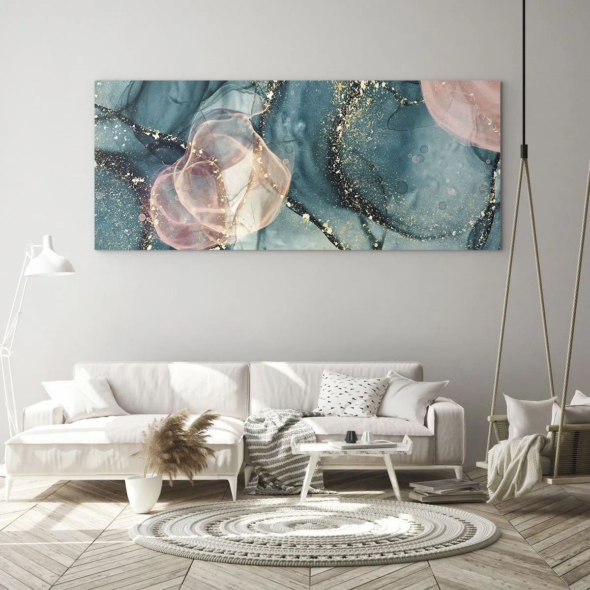 Üveg kép - Selyemkék, tüll rózsaszín - 100x40 cm