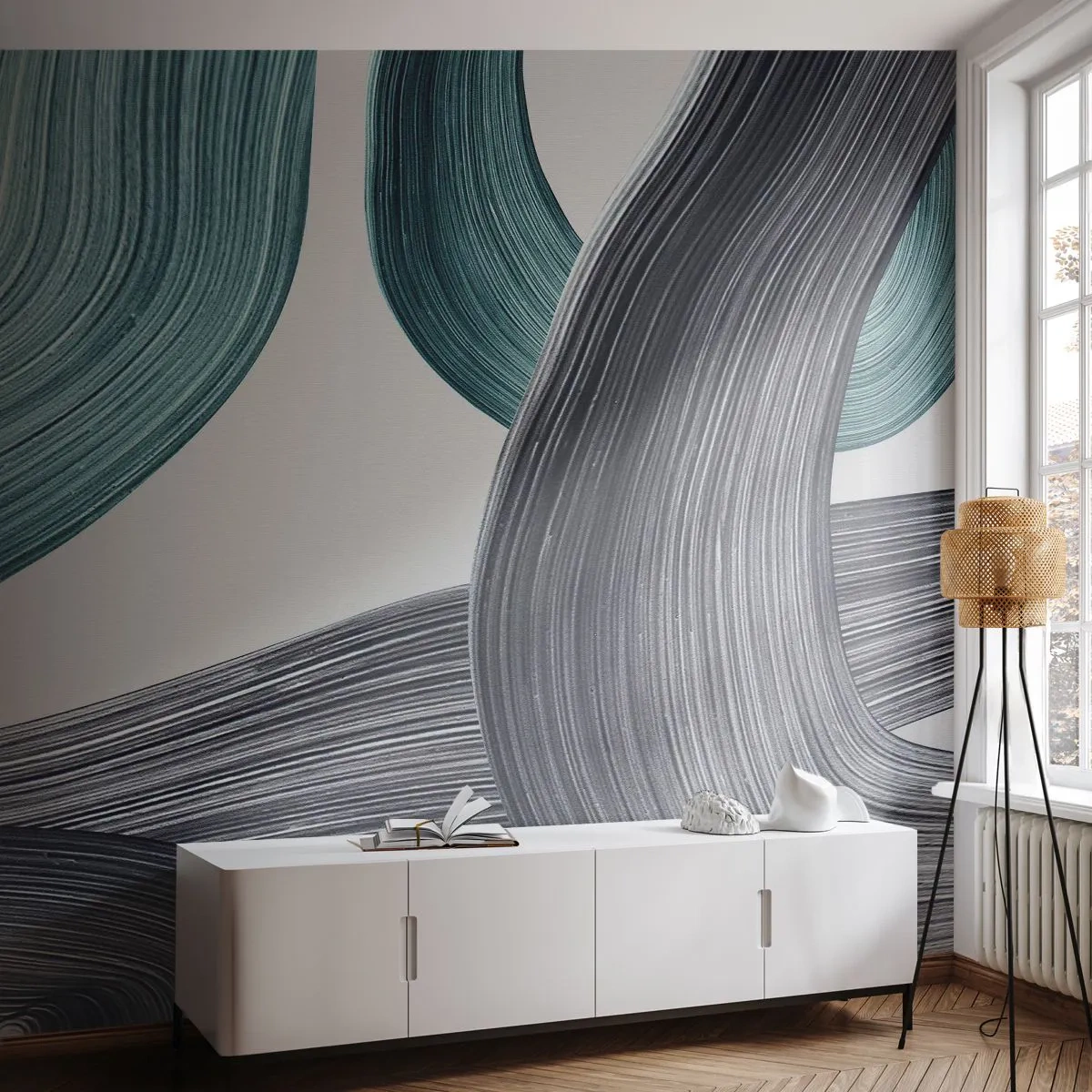 Fotótapéta Premium Sand - Smaragdzöld és fekete nyomok - Festék, Kefe, Minimalizmus - 200x140 cm