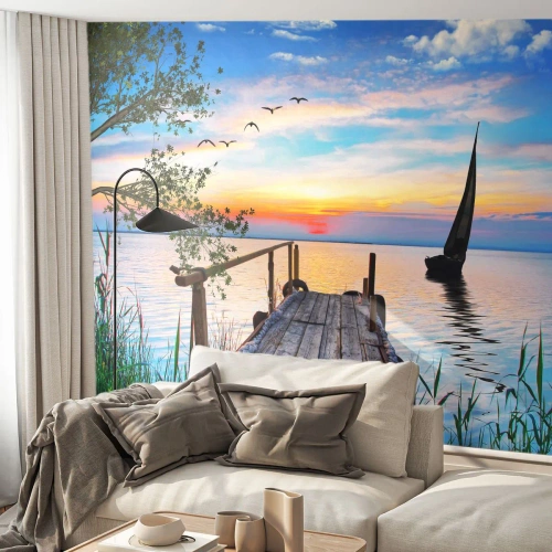 Fotótapéta Premium Sand - Kellemes este - Tájkép, Tó, Fa híd - 450x315 cm