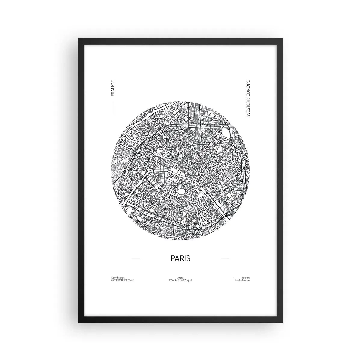 Poszter fehér keretben - Minimalista Párizs térképe körben - 50x70cm - Párizs anatómiája - Modern fali dekoráció nappalihoz és hálószobához ARTTOR