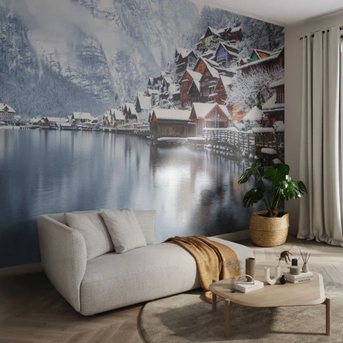 Öntapadós Fotótapéta Deluxe Sticker - Téli díszben - Tájkép, Hegyvidéki település, Téli - 350x256 cm