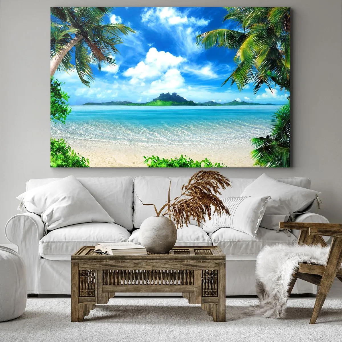 Vászonkép - Trópusi strand pálmafákkal és kilátással egy szigetre - 70x50cm - A trópusi azúrkék - Modern fali dekoráció nappalihoz és hálószobához ARTTOR