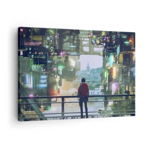 Vászonkép - Egy alak egy futurisztikus városban neonfényekkel - 70x50cm - Két világ - Modern fali dekoráció nappalihoz és hálószobához ARTTOR