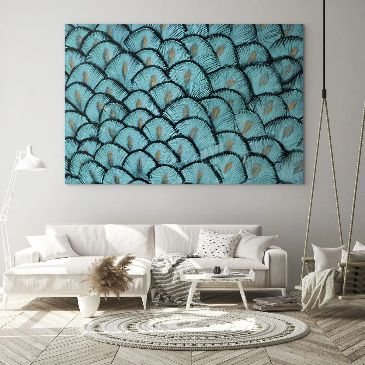 Üveg kép - Türkiz pávatollak közeli képe, amelyek dekoratív mintát alkotnak. - 70x50cm - A tollak nagy gálája - Modern fali dekoráció nappalihoz és hálószobához ARTTOR