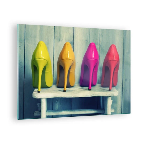 Üveg kép - Négy színes tű elrendezve egy fapadon - 70x50cm - Séta a szivárványon - Modern fali dekoráció nappalihoz és hálószobához ARTTOR