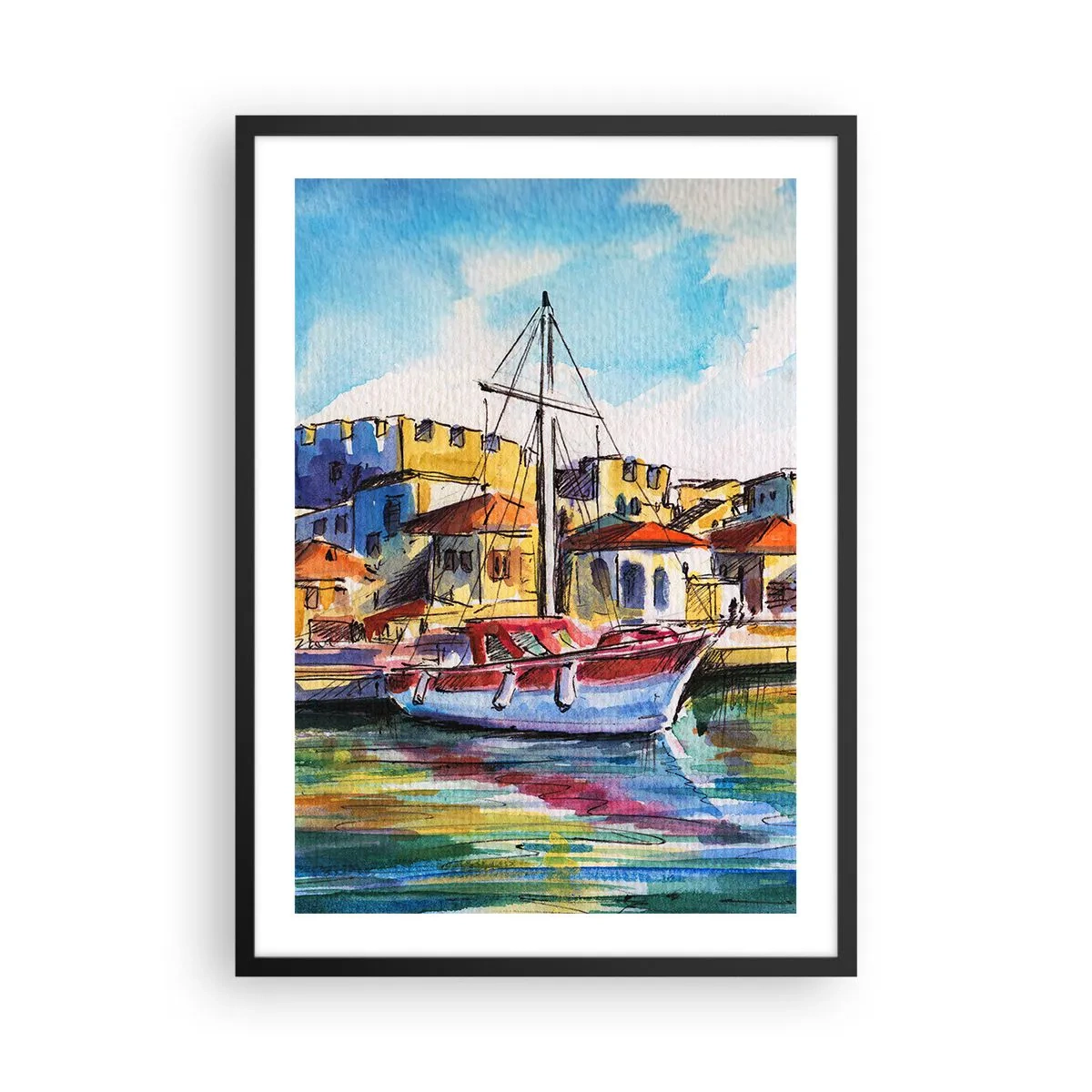 Poszter fehér keretben - Egy színes akvarellfestmény egy tengerparti városban található jachtról - 50x70cm - Szivárványos délután - Modern fali dekoráció nappalihoz és hálószobához ARTTOR