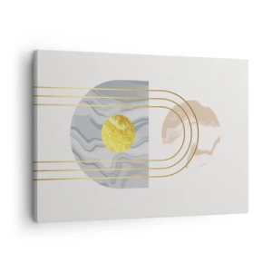 Vászonkép - Absztrakt kompozíció körökkel és arany vonalakkal világos háttéren. - 70x50cm - Fényerő és ragyogás - Modern fali dekoráció nappalihoz és hálószobához ARTTOR