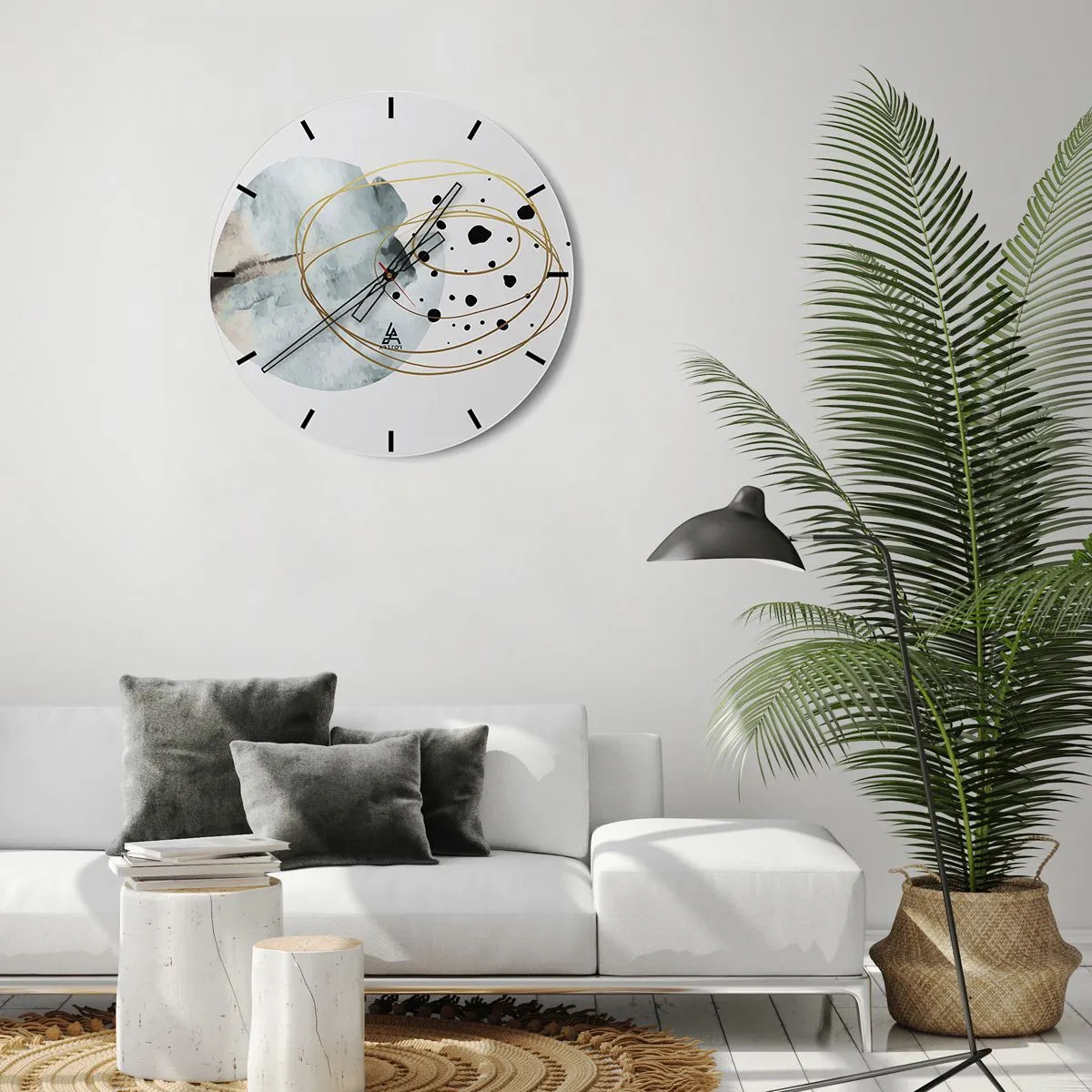 Falióra, Óra - Absztrakt arany vonalak és fekete pontok világos háttéren - 30x30cm - Az ölelő térben - Modern fali dekoráció nappalihoz, konyhához és hálószobához ARTTOR