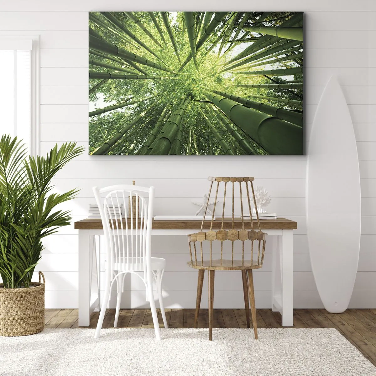 Vászonkép - Kilátás felfelé egy zöld bambuszligeten keresztül - 70x50cm - Egy bambuszligetben - Modern fali dekoráció nappalihoz és hálószobához ARTTOR