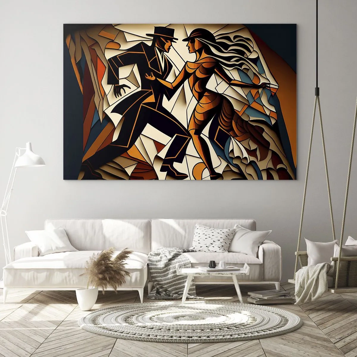 Üveg kép - Egy stilizált pár táncol dinamikus, absztrakt formában. - 70x50cm - Szenvedély és hév tánca - Modern fali dekoráció nappalihoz és hálószobához ARTTOR