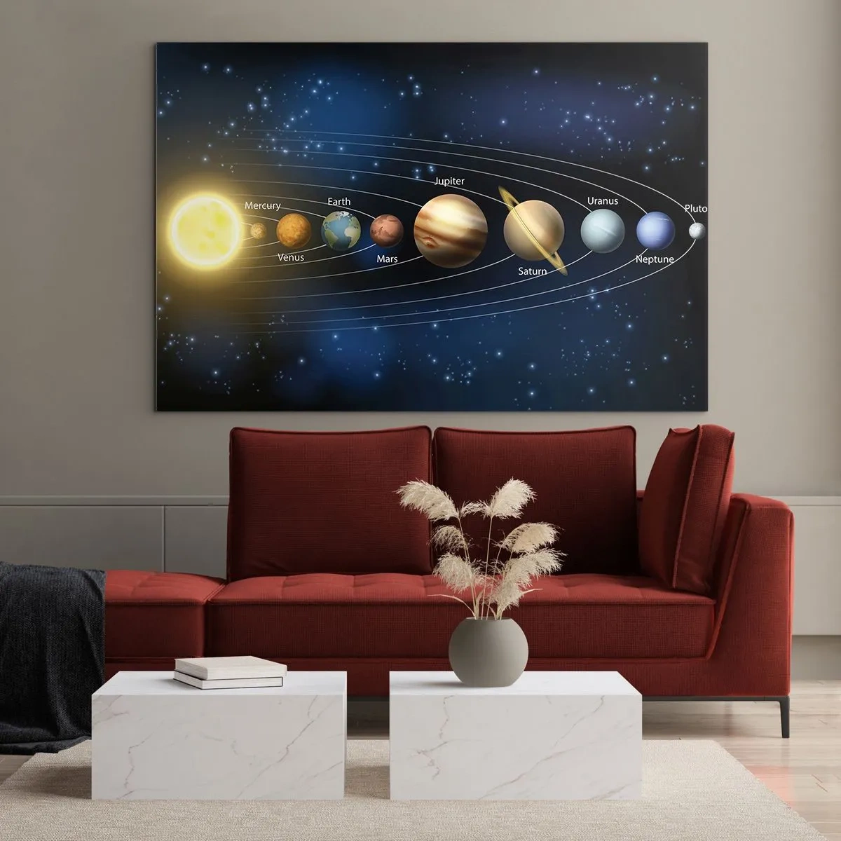 Üveg kép - A Naprendszer bolygókkal és csillagokkal a háttérben - 70x50cm - Egy a tízből - Modern fali dekoráció nappalihoz és hálószobához ARTTOR