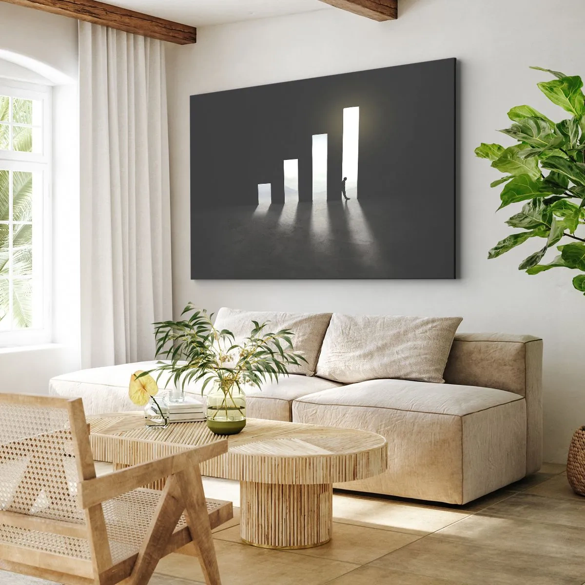 Vászonkép - Szimbolikus növekedés fénnyel megvilágított átjárók formájában - 70x50cm - Siker - egy benyomás - Modern fali dekoráció nappalihoz és hálószobához ARTTOR