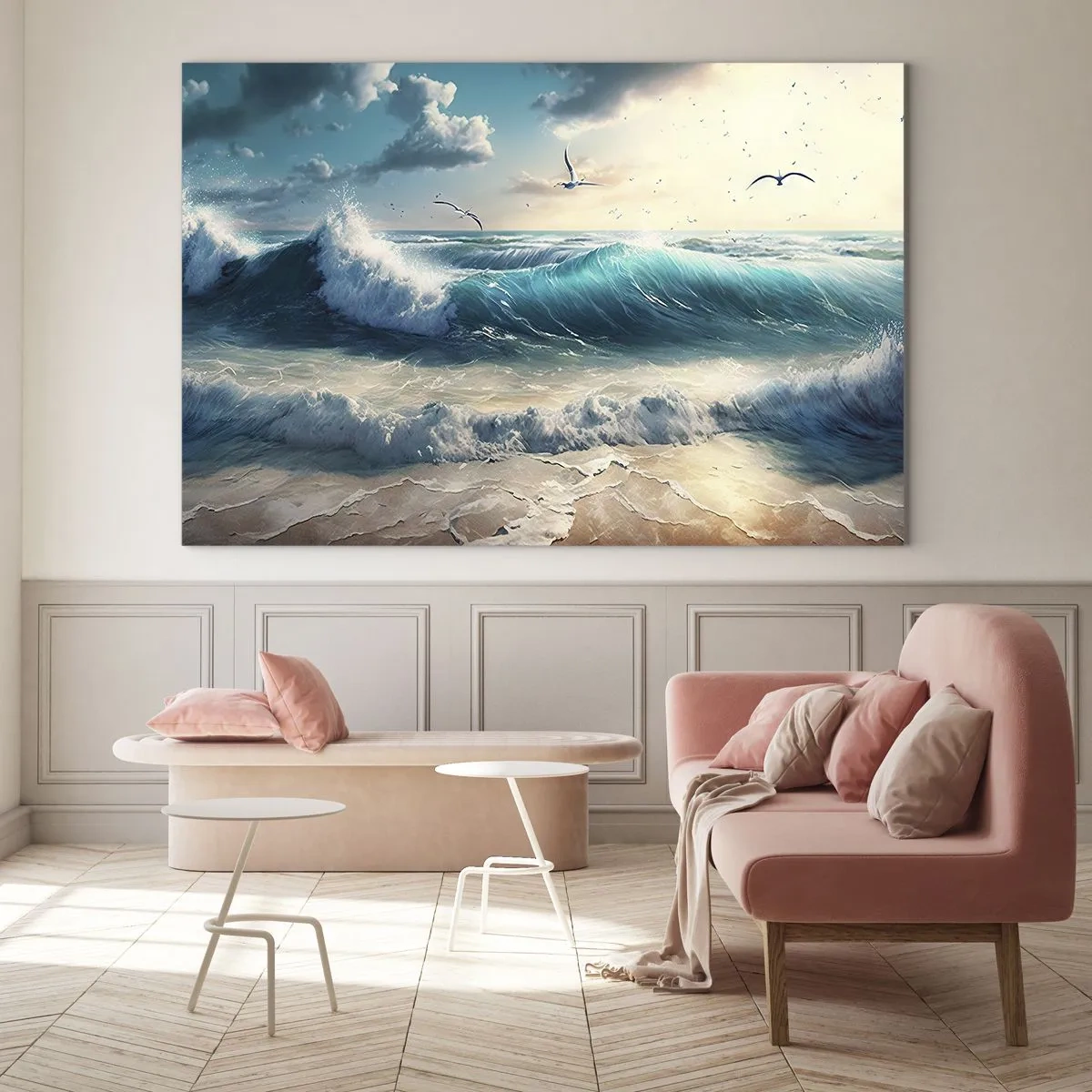 Üveg kép - Hullámok csapódnak a partra a reggeli fényben - 70x50cm - Zaj csak neked - Modern fali dekoráció nappalihoz és hálószobához ARTTOR