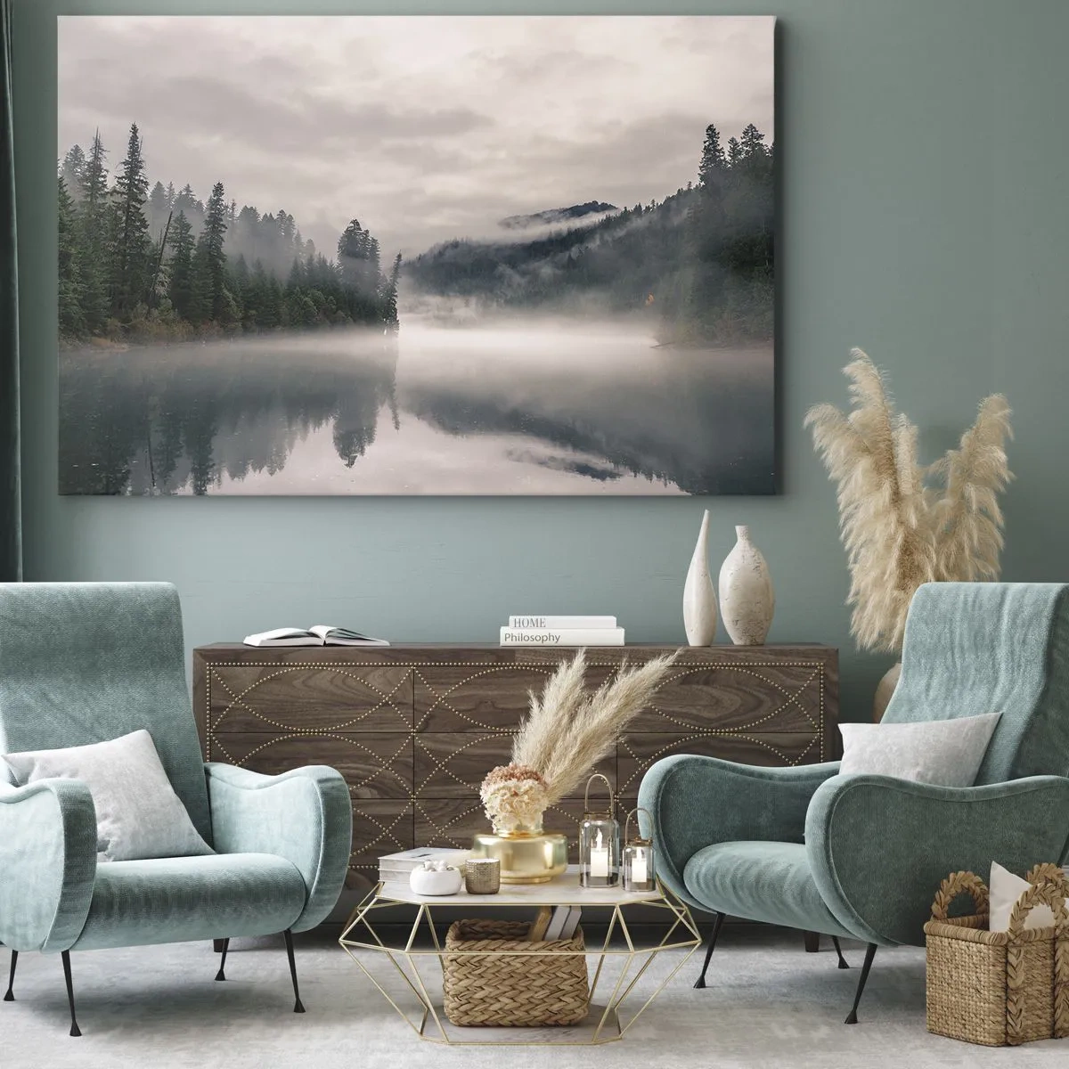 Vászonkép - Egy ködös erdő tükröződik egy nyugodt tóban - 70x50cm - Ábrándosan, ködben - Modern fali dekoráció nappalihoz és hálószobához ARTTOR