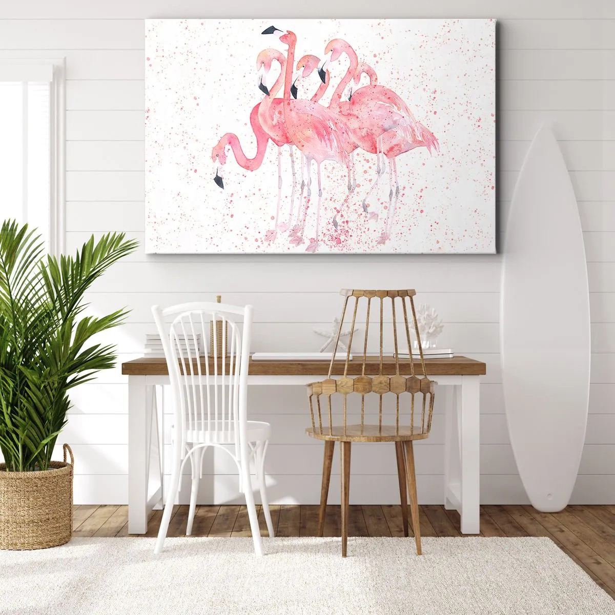 Vászonkép - Rózsaszín flamingók művészi akvarell stílusban - 70x50cm - Rózsaszín együttes - Modern fali dekoráció nappalihoz és hálószobához ARTTOR