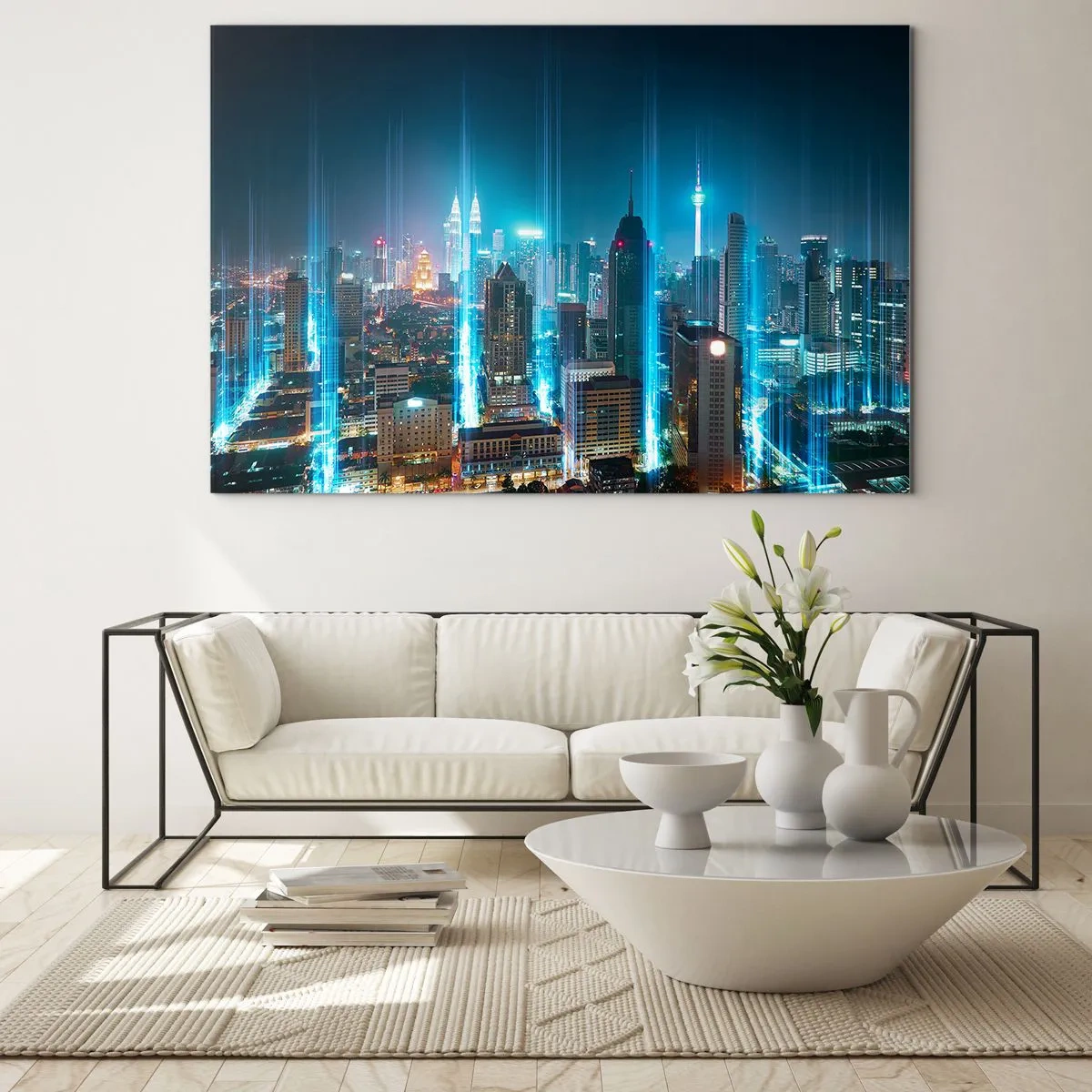 Üveg kép - Egy éjszakai város magas épületekkel és fénycsíkokkal - 70x50cm - Mennyországba Berlini módszerrel - Modern fali dekoráció nappalihoz és hálószobához ARTTOR
