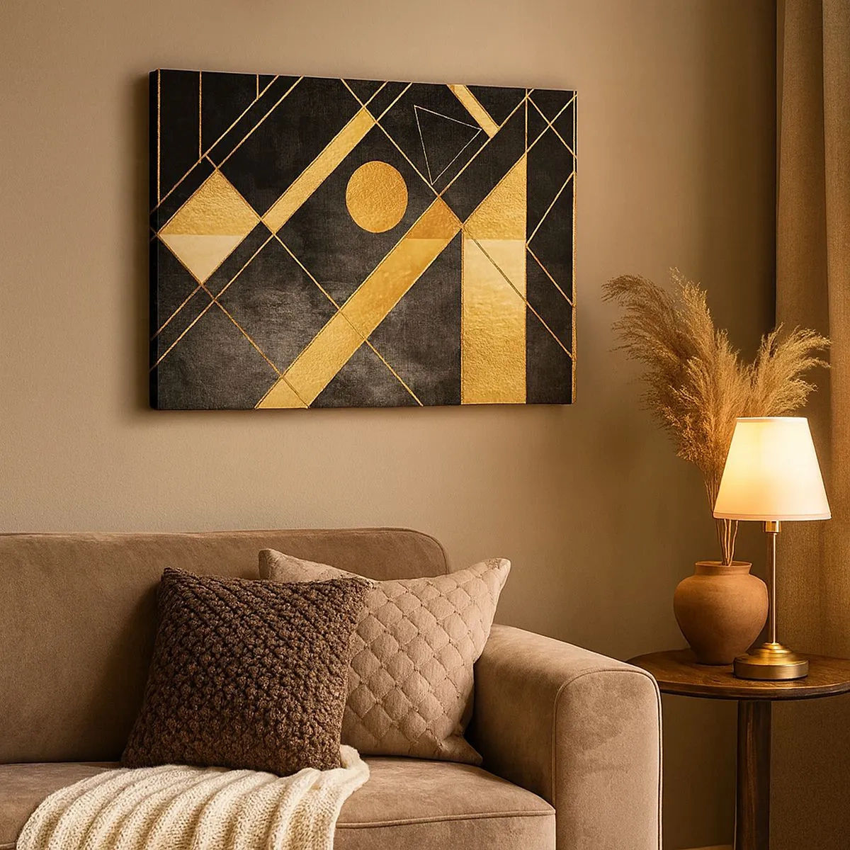 Vászonkép - Geometriai alakzatok arany és fekete árnyalatokban - 70x50cm - A sivatag napja - Modern fali dekoráció nappalihoz és hálószobához ARTTOR