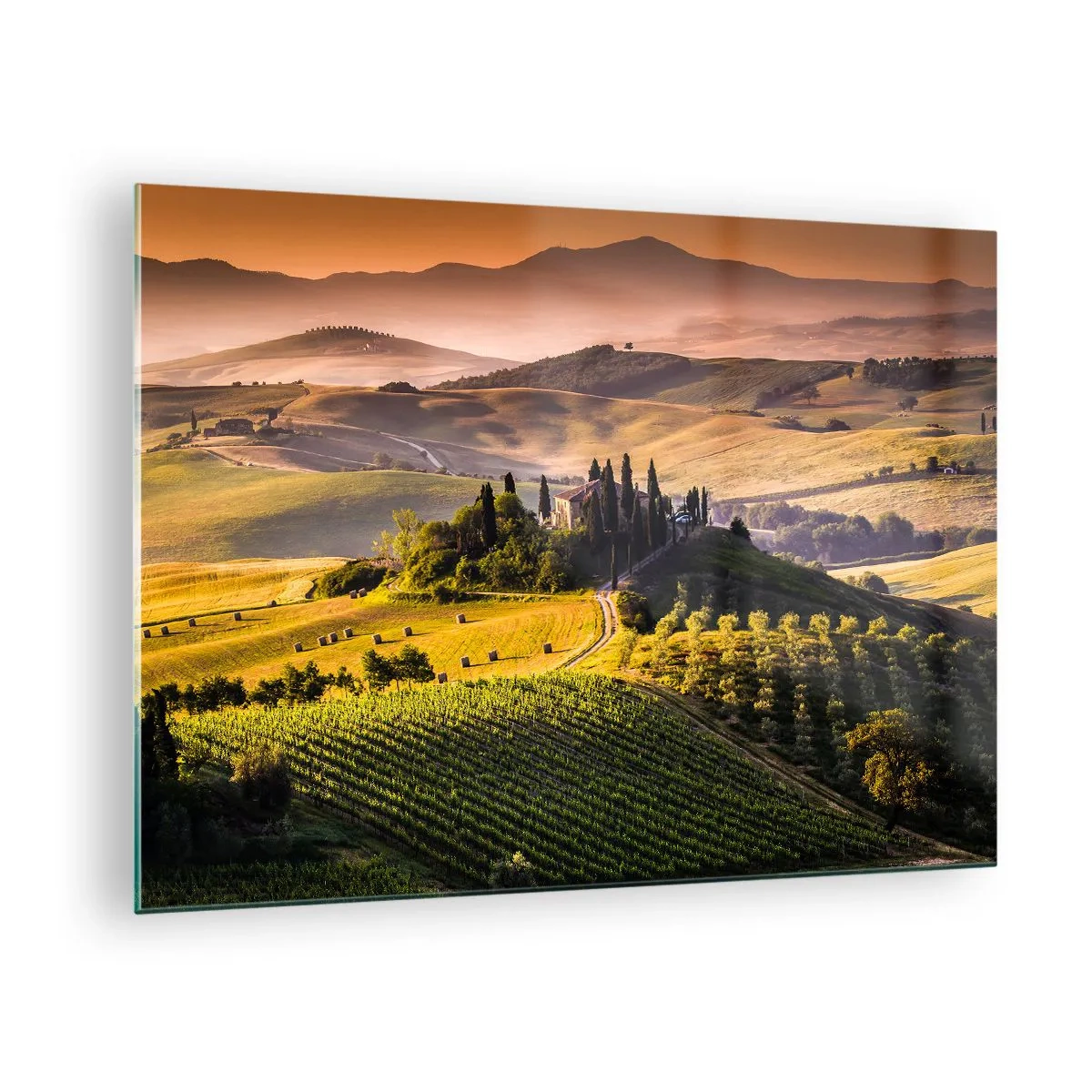 Üveg kép - Toszkán táj napfelkeltekor - 70x50cm - Arcadia - a toszkáni táj - Modern fali dekoráció nappalihoz és hálószobához ARTTOR