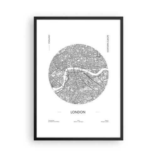Poszter fehér keretben - London minimalista fekete-fehér térképe - 50x70cm - London anatómiája - Modern fali dekoráció nappalihoz és hálószobához ARTTOR