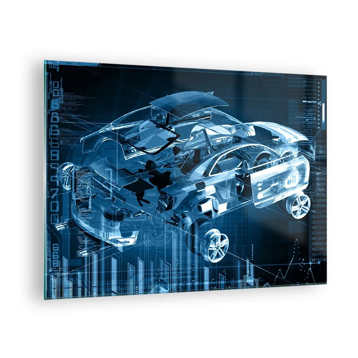 Üveg kép - Egy futurisztikus stílusú autó technológiai diagramja - 70x50cm - Mérnöki anatómia - Modern fali dekoráció nappalihoz és hálószobához ARTTOR