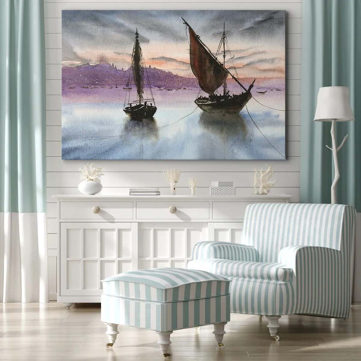 Vászonkép - Két vitorlás hajó kikötve nyugodt vízen alkonyatkor - 70x50cm - Este a kikötőben - Modern fali dekoráció nappalihoz és hálószobához ARTTOR