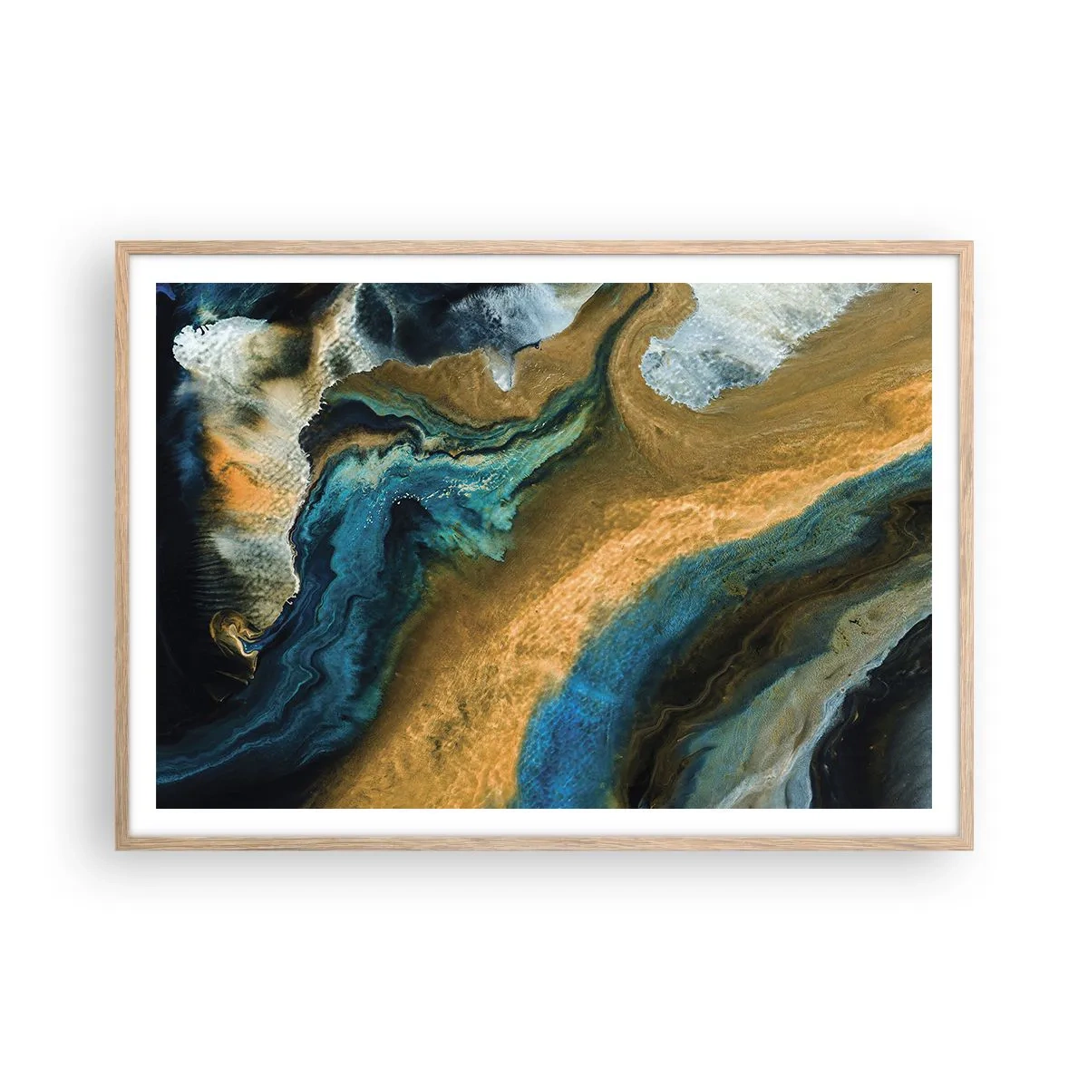 Poszter világos tölgy keretben - Kék - sárga - kölcsönös hatások - 100x70 cm