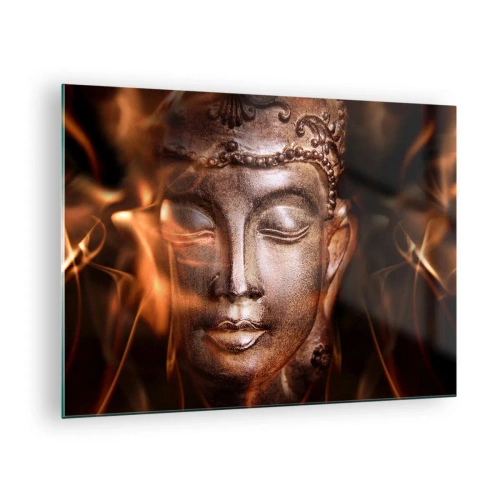 Üveg kép - Buddha homályos arca meleg arany és barna árnyalatokban - 70x50cm - Csak itt és most létezik - Modern fali dekoráció nappalihoz és hálószobához ARTTOR