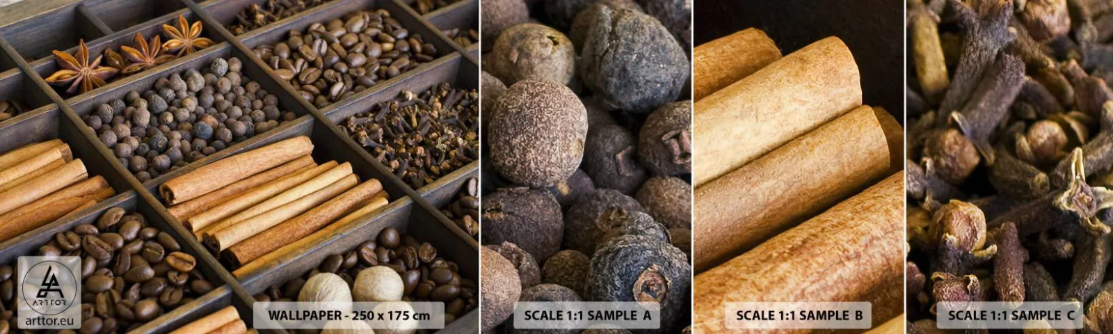 Fotótapéta Minta Öntapadós Deluxe Sticker - Az aromák kincsesbányája - Fűszerek, Kávé, Fahéj - 100x30 cm