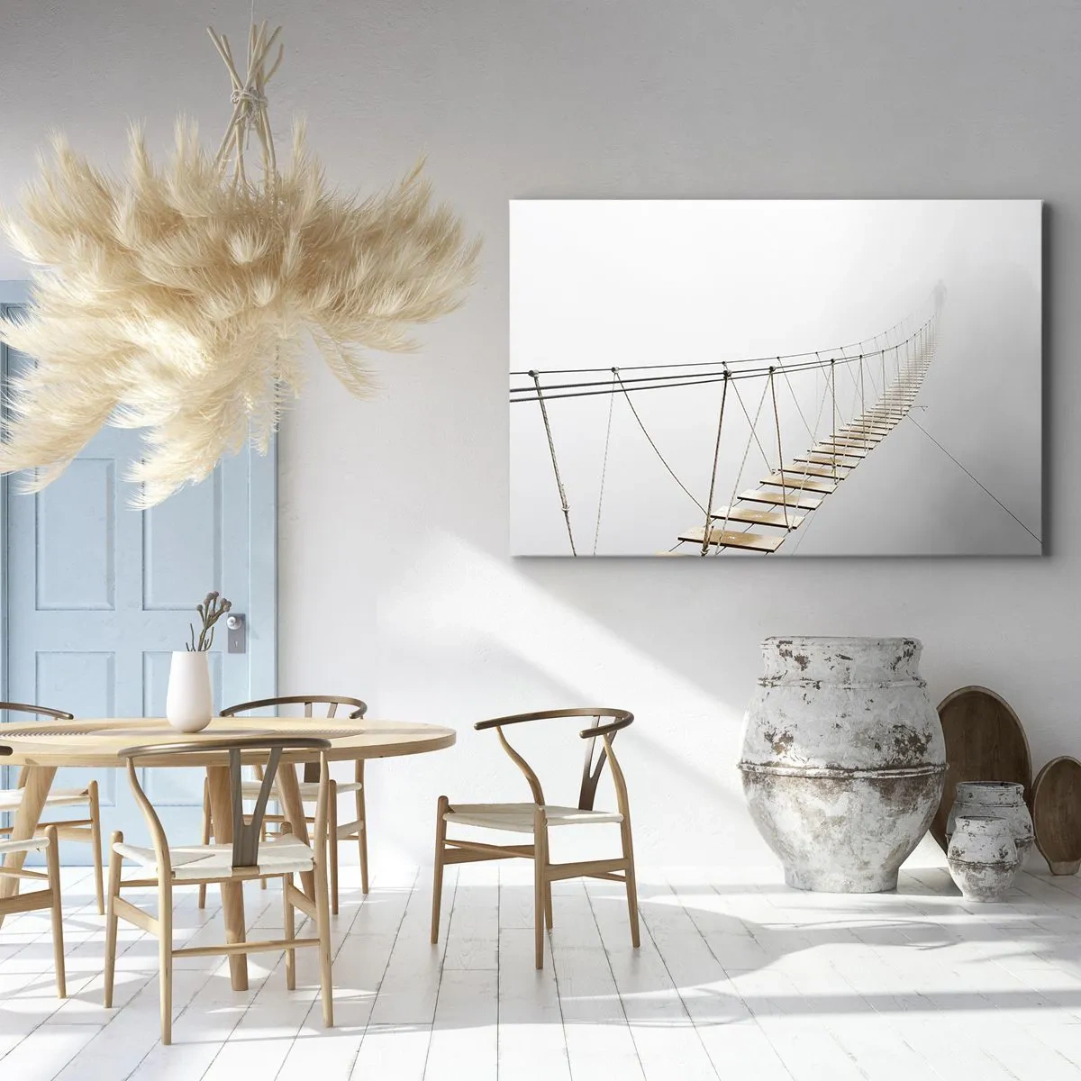Vászonkép - Egy függőhíd a ködben minimalista perspektívából - 70x50cm - Hová vezet? - Modern fali dekoráció nappalihoz és hálószobához ARTTOR