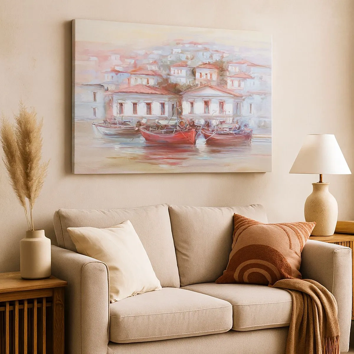 Vászonkép - Színes hajók és festői épületek a vízparton pasztell árnyalatokban - 70x50cm - Boldog kisváros - Modern fali dekoráció nappalihoz és hálószobához ARTTOR